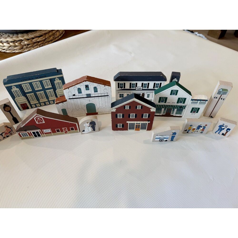 Vintage Cat's Meow Village Wood Buildings Lot 1988-1994 Signed Houses Figures